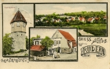 Mehrbildpostkarte mit Ansicht des Ailenbergturms, Rüderns und der Spezereihandlung Körner, um 1916 (Sammlung Kümmel)
