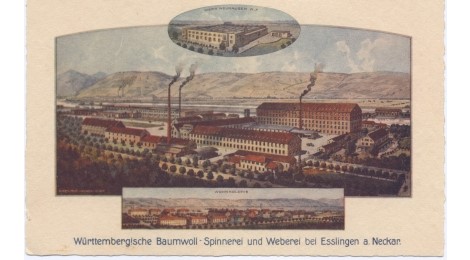 gezeichnete Farbpostkarte mit der Ansicht der Württembergischen Baumwollspinnerei und der zugehörigen Arbeitersiedlung